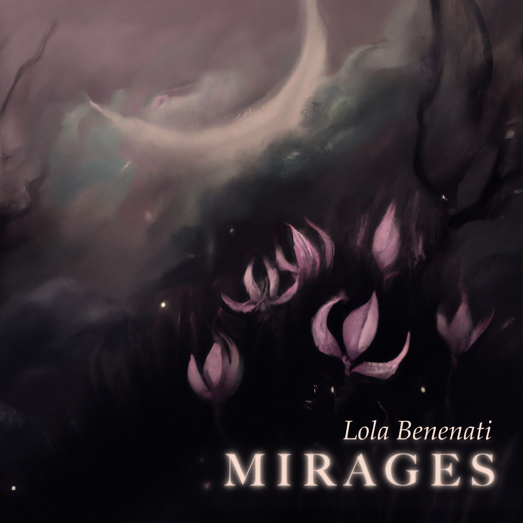 Mirages EP cover: a violet night painting of pale flowers and a crescent moon, title in white capitals.